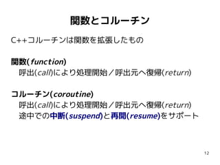 12
関数とコルーチン
C++コルーチンは関数を拡張したもの
関数(function)
　呼出(call)により処理開始／呼出元へ復帰(return)
コルーチン(coroutine)
　呼出(call)により処理開始／呼出元へ復帰(return)
　途中での中断(suspend)と再開(resume)をサポート
 