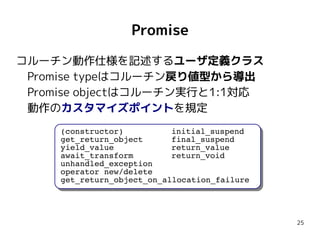 25
Promise
コルーチン動作仕様を記述するユーザ定義クラス
　Promise typeはコルーチン戻り値型から導出
　Promise objectはコルーチン実行と1:1対応
　動作のカスタマイズポイントを規定
(constructor)
get_return_object
yield_value
await_transform
unhandled_exception
operator new/delete
get_return_object_on_allocation_failure
initial_suspend
final_suspend
return_value
return_void
 