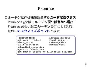 25
Promise
コルーチン動作仕様を記述するユーザ定義クラス
　Promise typeはコルーチン戻り値型から導出
　Promise objectはコルーチン実行と1:1対応
　動作のカスタマイズポイントを規定
(constructor...