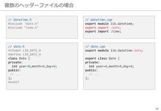 複数のヘッダーファイルの場合
12
// date.h
#ifndef LIB_DATE_H
#define LIB_DATE_H
class Date {
private:
int year=0,month=0,day=0;
public:
// ...
};
#endif
// date.cpp
export module lib.datetime:date;
export class Date {
private:
int year=0,month=0,day=0;
public:
// ...
};
// datetime.h
#include "date.h"
#include "time.h"
// datetime.cpp
export module lib.datetime;
export import :date;
export import :time;
 