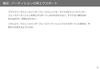 14
補足: パーティションの再エクスポート
プライマリーモジュールインターフェースユニットは、すべてのモジュールインター
フェースパーティションを再エクスポートしなければならない。そうでない場合はill-
formedだが、診断はされない。
これにより、モジュールインターフェースパーティションでエクスポートした宣言は、外
部からも見えるようになる。
 