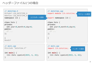 ヘッダーファイル1つの場合
3
// datetime.h
#ifndef LIB_DATETIME_H
#define LIB_DATETIME_H
namespace lib {
class Date {
private:
int year=0,month=0,day=0;
public:
// ...
};
}
#endif
// datetime.cpp
export module lib.datetime;
export namespace lib {
class Date {
private:
int year=0,month=0,day=0;
public:
// ...
};
}
// main.cpp
#include "datetime.h“
int main() {
lib::Date cppmix4{2019, 6, 26};
}
// main.cpp
import lib.datetime;
int main() {
lib::Date cppmix4{2019, 6, 26};
}
インポート宣言
モジュール宣言
エクスポート宣言
 