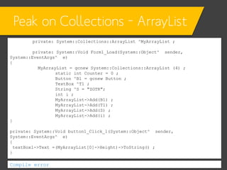Peak on Collections – ArrayList
private: System::Collections::ArrayList ^MyArrayList ;

private: System::Void Form1_Load(S...