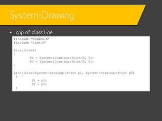 System::Drawing
• cpp of class Line
#include "StdAfx.h"
#include "Line.h"
Line::Line()
{
P1 = System::Drawing::Point(0, 0);
P2 = System::Drawing::Point(0, 0);
}
Line::Line(System::Drawing::Point p1, System::Drawing::Point p2)
{
P1 = p1;
P2 = p2;
}

 