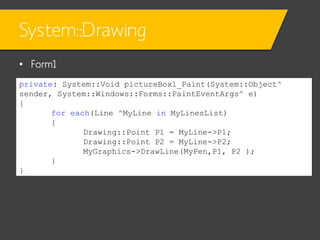 System::Drawing
• Form1
private: System::Void pictureBox1_Paint(System::Object^
sender, System::Windows::Forms::PaintEventArgs^ e)
{
for each(Line ^MyLine in MyLinesList)
{
Drawing::Point P1 = MyLine->P1;
Drawing::Point P2 = MyLine->P2;
MyGraphics->DrawLine(MyPen,P1, P2 );
}
}

 