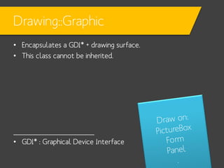 Drawing::Graphic
• Encapsulates a GDI* + drawing surface.
• This class cannot be inherited.

___________________
• GDI* : Graphical Device Interface

 