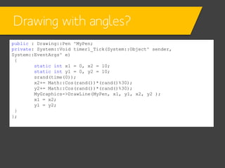 Drawing with angles?
public : Drawing::Pen ^MyPen;
private: System::Void timer1_Tick(System::Object^ sender,
System::EventArgs^ e)
{
static int x1 = 0, x2 = 10;
static int y1 = 0, y2 = 10;
srand(time(0));
x2+= Math::Cos(rand())*(rand()%30);
y2+= Math::Cos(rand())*(rand()%30);
MyGraphics->DrawLine(MyPen, x1, y1, x2, y2 );
x1 = x2;
y1 = y2;
}
};

 