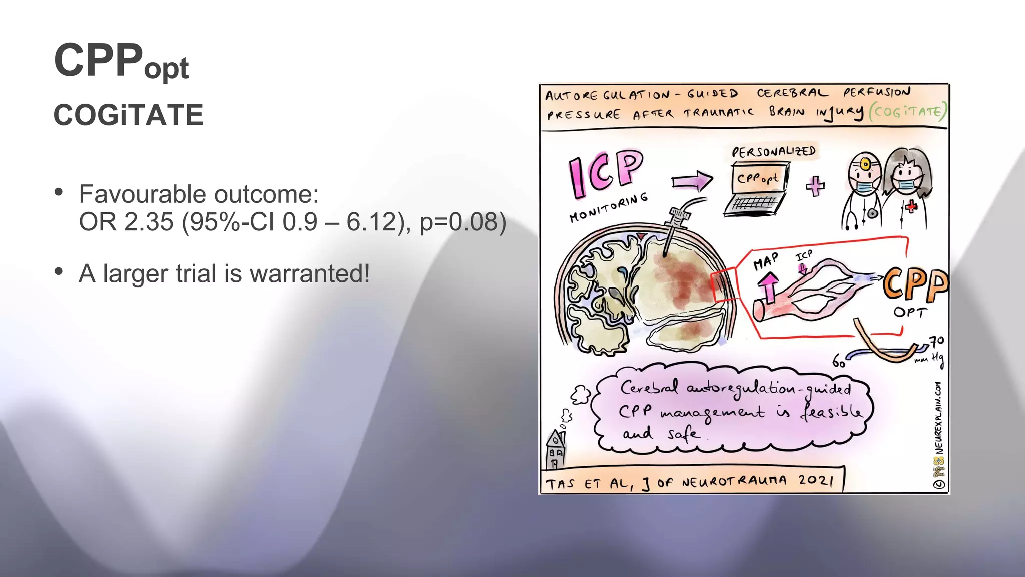 CPPopt
COGiTATE
• Favourable outcome:
OR 2.35 (95%-CI 0.9 – 6.12), p=0.08)
• A larger trial is warranted!
 
