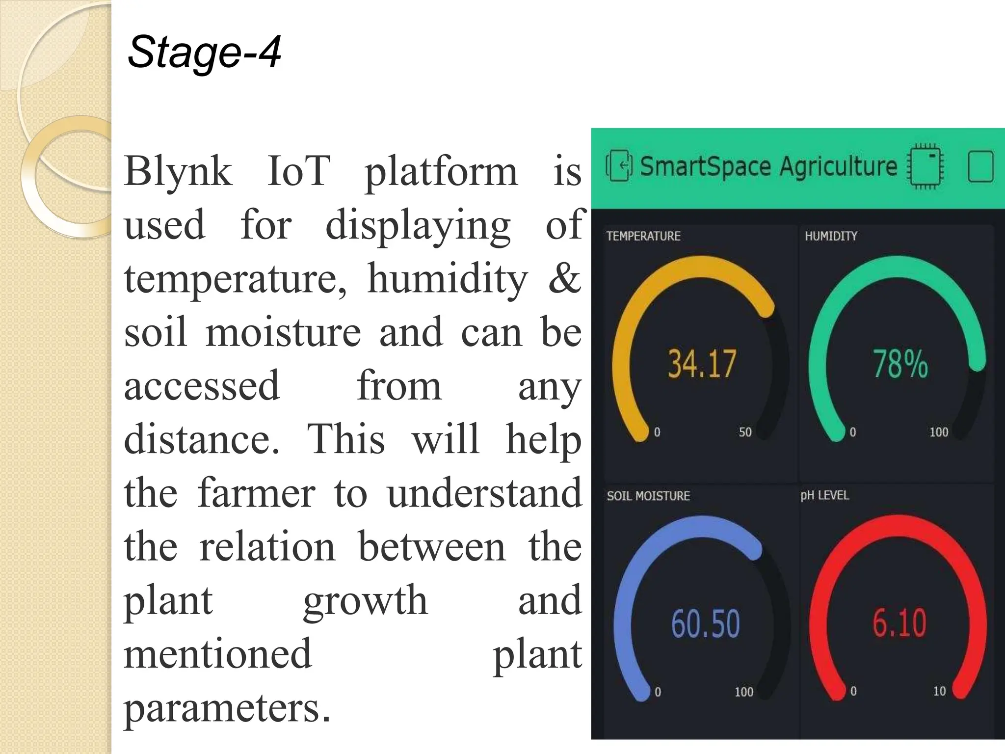 Stage-4
Blynk IoT platform is
used for displaying of
temperature, humidity &
soil moisture and can be
accessed from any
distance. This will help
the farmer to understand
the relation between the
plant growth and
mentioned plant
parameters.
 
