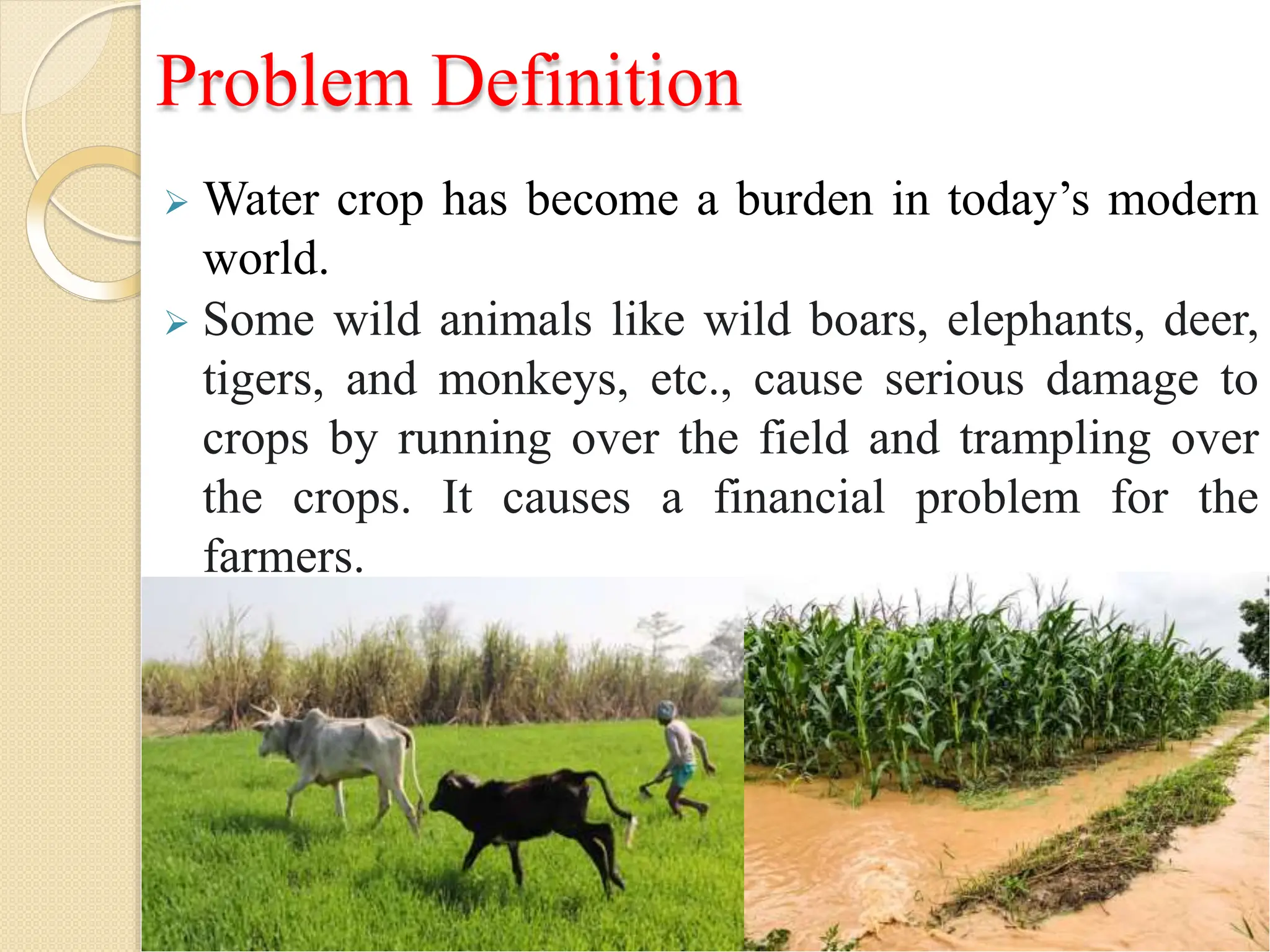 Problem Definition
 Water crop has become a burden in today’s modern
world.
 Some wild animals like wild boars, elephants, deer,
tigers, and monkeys, etc., cause serious damage to
crops by running over the field and trampling over
the crops. It causes a financial problem for the
farmers.
 