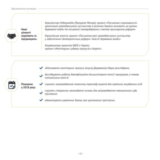 - 22 -
Наші
цінності
поділяють та
підтримують:
Королівство Нідерландів (Програма Матра), проект «Посилення спроможності
організацій громадянського суспільства в регіонах України впливати на органи
державної влади та місцевого самоврядування з метою прискорення реформ»
Європейська комісія, проект «Посилення ролі громадянського суспільства
у забезпеченні демократичних реформ і якості державної влади»
Координатор проектів ОБСЄ в Україні,
проект «Моніторинг судових процесів в Україні»
Плануємо
у 2018 році:
здійснювати моніторинг процесу запуску Державного бюро розслідувань
досліджувати роботу Кваліфікаційно-дисциплінарної комісії прокурорів, а також
поліцейських комісій
сприяти запровадженню механізму перегляду вироків для свавільно засуджених осіб
сприяти створенню законодавчої основи для запровадження повноцінного суду
присяжних
адвокатувати ухвалення Закону про кримінальні проступки.
Кримінальна юстиція
 