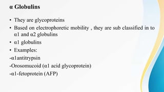 α Globulins
• They are glycoproteins
• Based on electrophoretic mobility , they are sub classified in to
α1 and α2 globulins
• α1 globulins
• Examples:
-α1antitrypsin
-Orosomucoid (α1 acid glycoprotein)
-α1-fetoprotein (AFP)
 