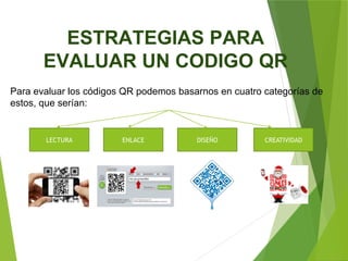 ESTRATEGIAS PARA
EVALUAR UN CODIGO QR
Para evaluar los códigos QR podemos basarnos en cuatro categorías de
estos, que serían:
LECTURA ENLACE DISEÑO CREATIVIDAD
 
