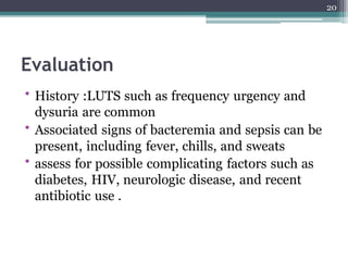 Evaluation
• History :LUTS such as frequency urgency and
dysuria are common
• Associated signs of bacteremia and sepsis can be
present, including fever, chills, and sweats
• assess for possible complicating factors such as
diabetes, HIV, neurologic disease, and recent
antibiotic use .
20
 