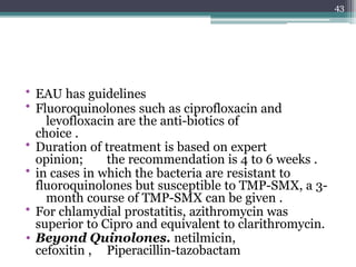 • EAU has guidelines
• Fluoroquinolones such as ciprofloxacin and
levofloxacin are the anti-biotics of
choice .
• Duration of treatment is based on expert
opinion; the recommendation is 4 to 6 weeks .
• in cases in which the bacteria are resistant to
fluoroquinolones but susceptible to TMP-SMX, a 3-
month course of TMP-SMX can be given .
• For chlamydial prostatitis, azithromycin was
superior to Cipro and equivalent to clarithromycin.
• Beyond Quinolones. netilmicin,
cefoxitin , Piperacillin-tazobactam
43
 