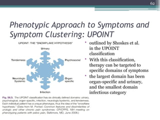 Phenotypic Approach to Symptoms and
Symptom Clustering: UPOINT
• outlined by Shoskes et al.
in the UPOINT
classification
• With this classification,
therapy can be targeted to
specific domains of symptoms
• the largest domain has been
organ-specific and urinary,
and the smallest domain
infectious category
62
 