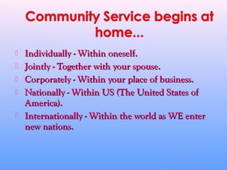  Individually - Within oneself.Individually - Within oneself.
 Jointly - Together with your spouse.Jointly - Together with your spouse.
 Corporately - Within your place of business.Corporately - Within your place of business.
 Nationally - Within US (The United States ofNationally - Within US (The United States of
America).America).
 Internationally - Within the world as WE enterInternationally - Within the world as WE enter
new nations.new nations.
 