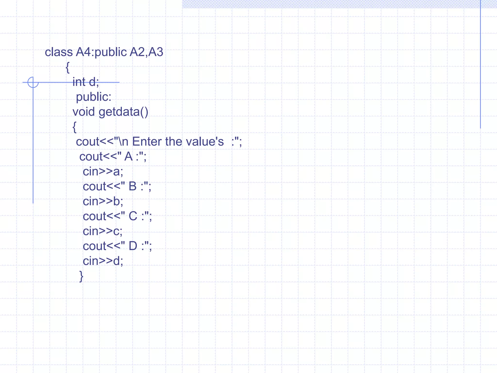 Multipath inheritance   : When a class is derived from two or more classes, which are derived from the same base class such type of inheritance is known as Multipath Inheritance. Multipath inheritance consists of many types of inheritance such as multiple, multilevel  and hierarchical.   consider the following example :       class   A1     {        protected :            int   a1;       };    class  A2 : public  A1    {         protected :             int   a2;           };  class  A3 : public   A1         {               protected:                  int   a3;               };    class   A4 : public A2, A3        {              int  a4;               }         