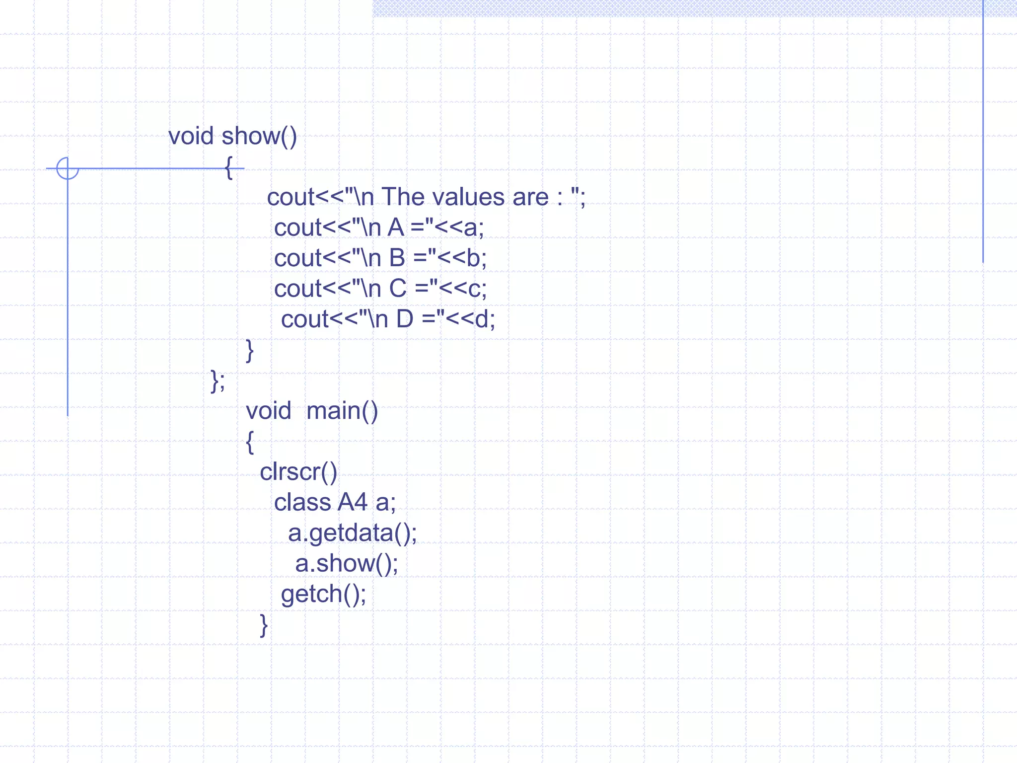 In that example class A2, A3 are derived from the same base class. i.e.., class A1(hierarchical inheritance). The classes A2 &A3 both can access variable a1 of class A1.The class A4 is derived from class A2 & A3 by multiple inheritance.Virtual Base class  : To overcome the ambiguity occurred due to multipath inheritance. C++ provides the keyword virtual .The keyword virtual  declares the specified classes virtual.    class    A1 {protected:int  a1;};class  A2: virtual public A1 {              protected :                 int a2;          };class  A2: virtual public A1 {              protected :                 int a3;          };class  A4: public A2, A3 {              protected :                 int a4;          };