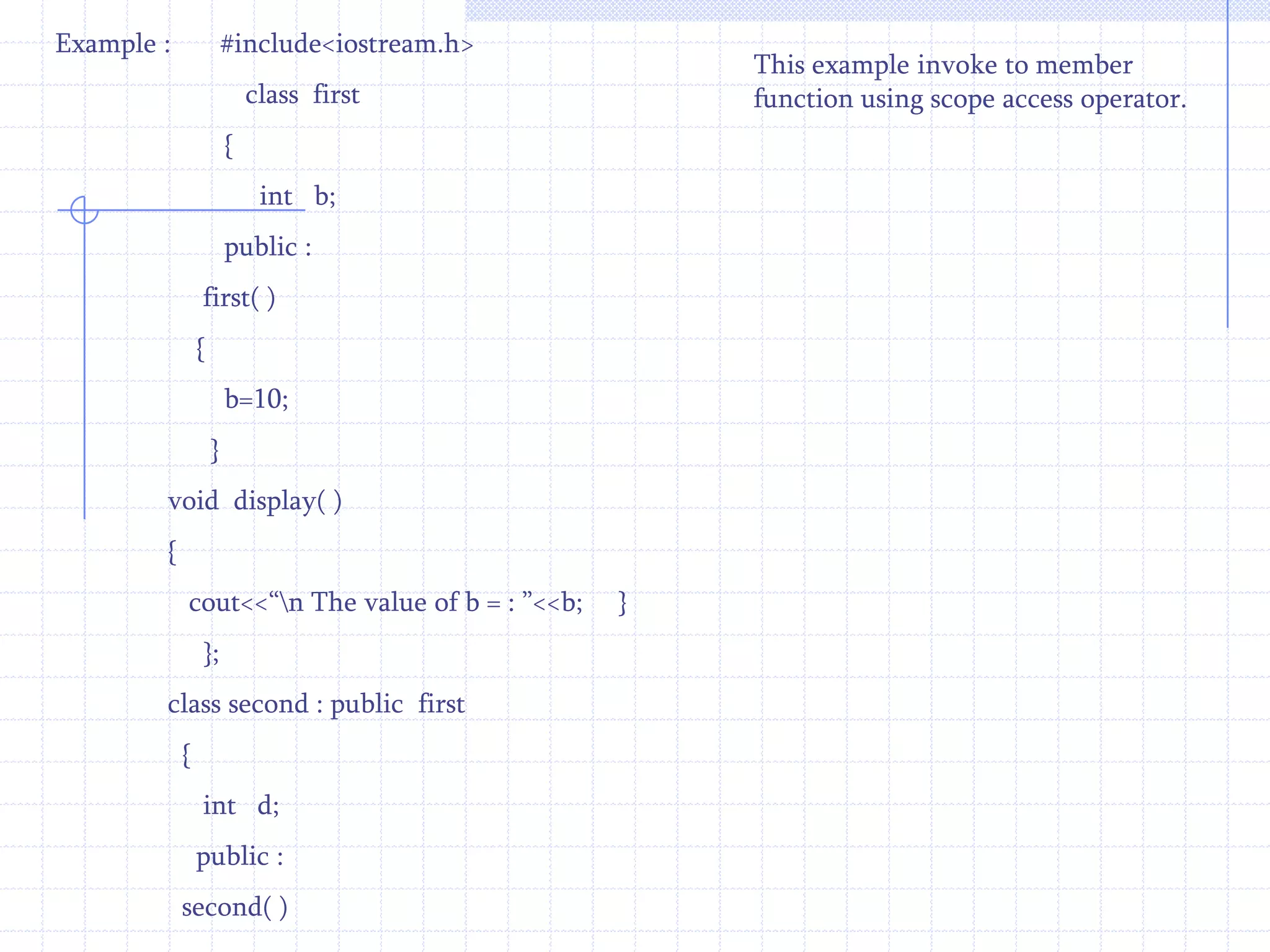 Static (Early) BindingEven though similar function names are used at many places,but during their references their position is indicated explicitly.Their ambiguities are fixed at compiler time.For Example :              class   first    // base class            {                int d;                 public :            void display( )      // base class member function          {             -----------              }       }; class   second : public first    //derived class            {                int k;                 public :      { 