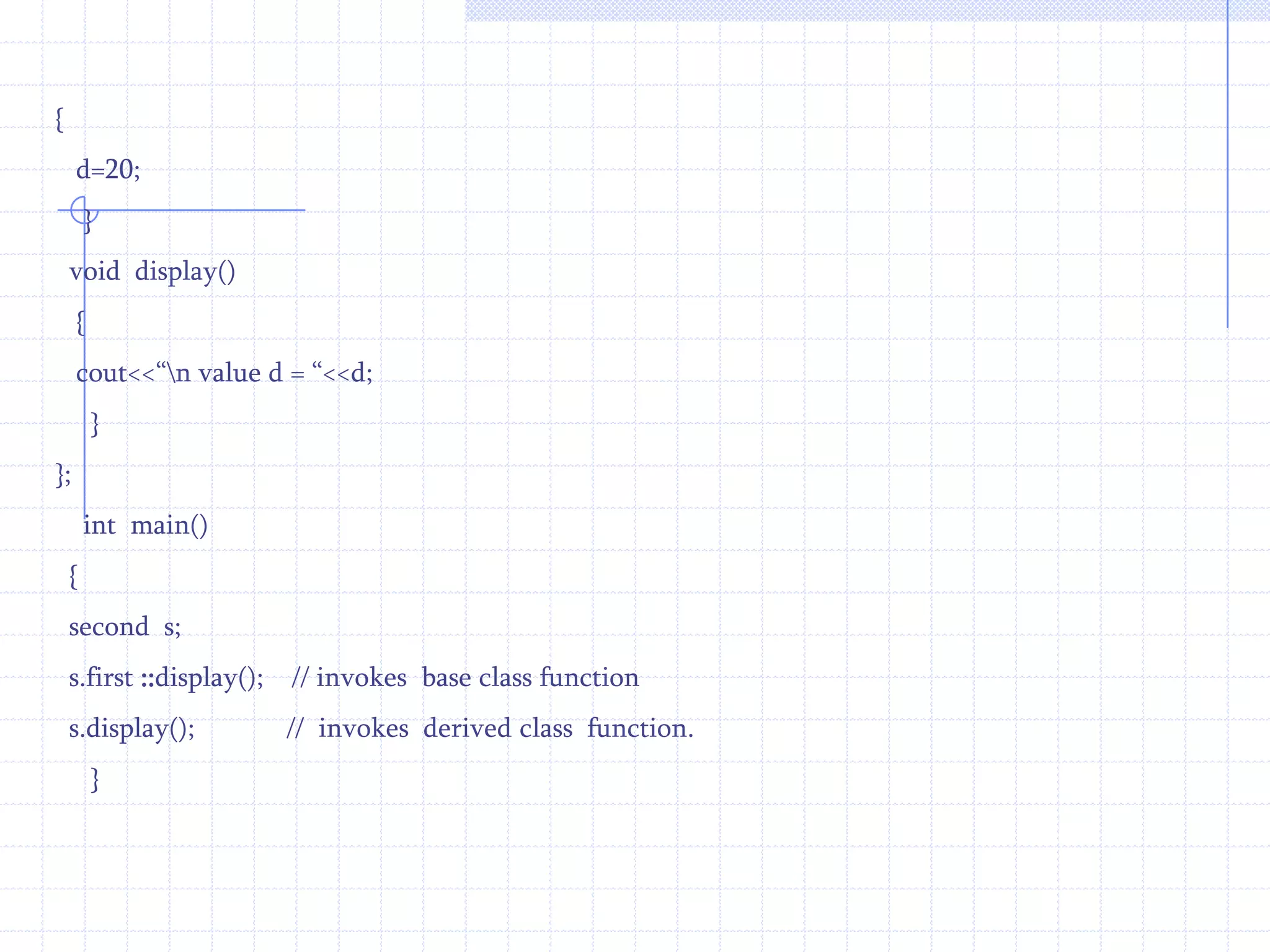  void  display( )   //member function of derived class  {      ---------     }    };In the above example base and derived class have the same member function display( ).This is not an overloaded function because their prototype is same and they are defined in different classes.Dynamic (Late) Binding :      Dynamic binding of member functions in C++ can be done using the keyword virtual.The member  function followed by the virtualkeyword is  called as virtual function.      class   first               // base class            {                int d;                 public :         virtual  void display( )      // base class member function          {             -----------              }       };