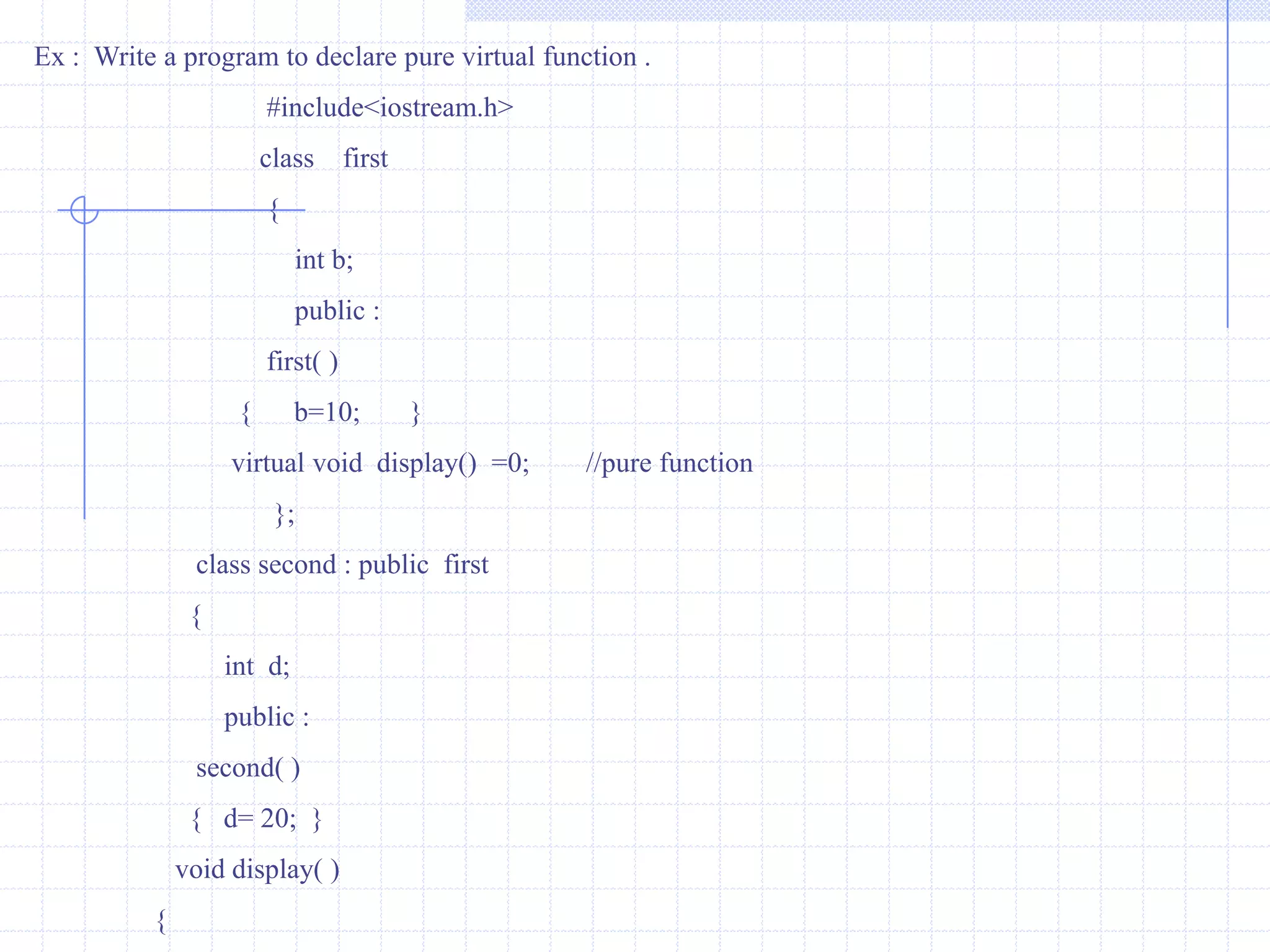 8) If a base class contains virtual function and if the same function is not redefined in the derived classes in that case the base class function is invoked.9) The operator keyword used for operator overloading also supports virtual mechanism.  Example :   #include<iostream.h>                     class  first                  {                      int  b;                    public :                    first( )                   {  b=10;    }              virtual   void  display()               {                  cout<<“\n  b=”<<b;                      }                };        class   second : public first          {