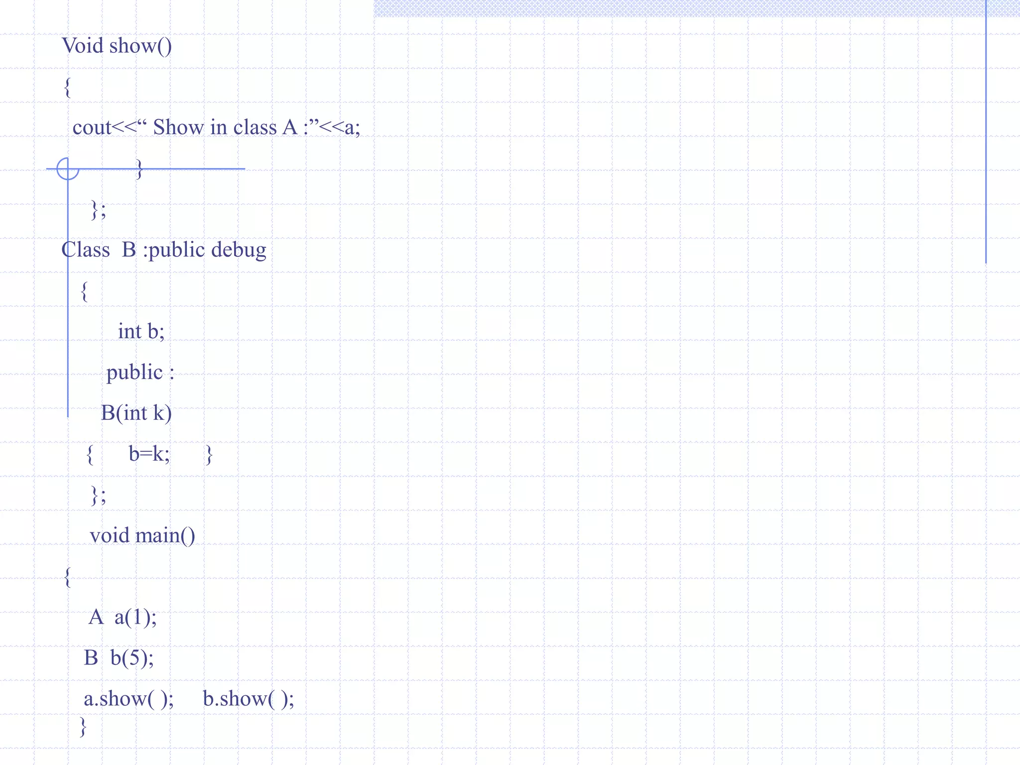 Ex :  Write a program to declare pure virtual function .                                 #include<iostream.h>                                class    first                                  {                                     int b;                                     public :                                 first( )                             {      b=10;       }                            virtual void  display()  =0;        //pure function                                  };                       class second : public  first                      {                           int  d;                           public :                       second( )                      {   d= 20;  }                    void display( )                 {