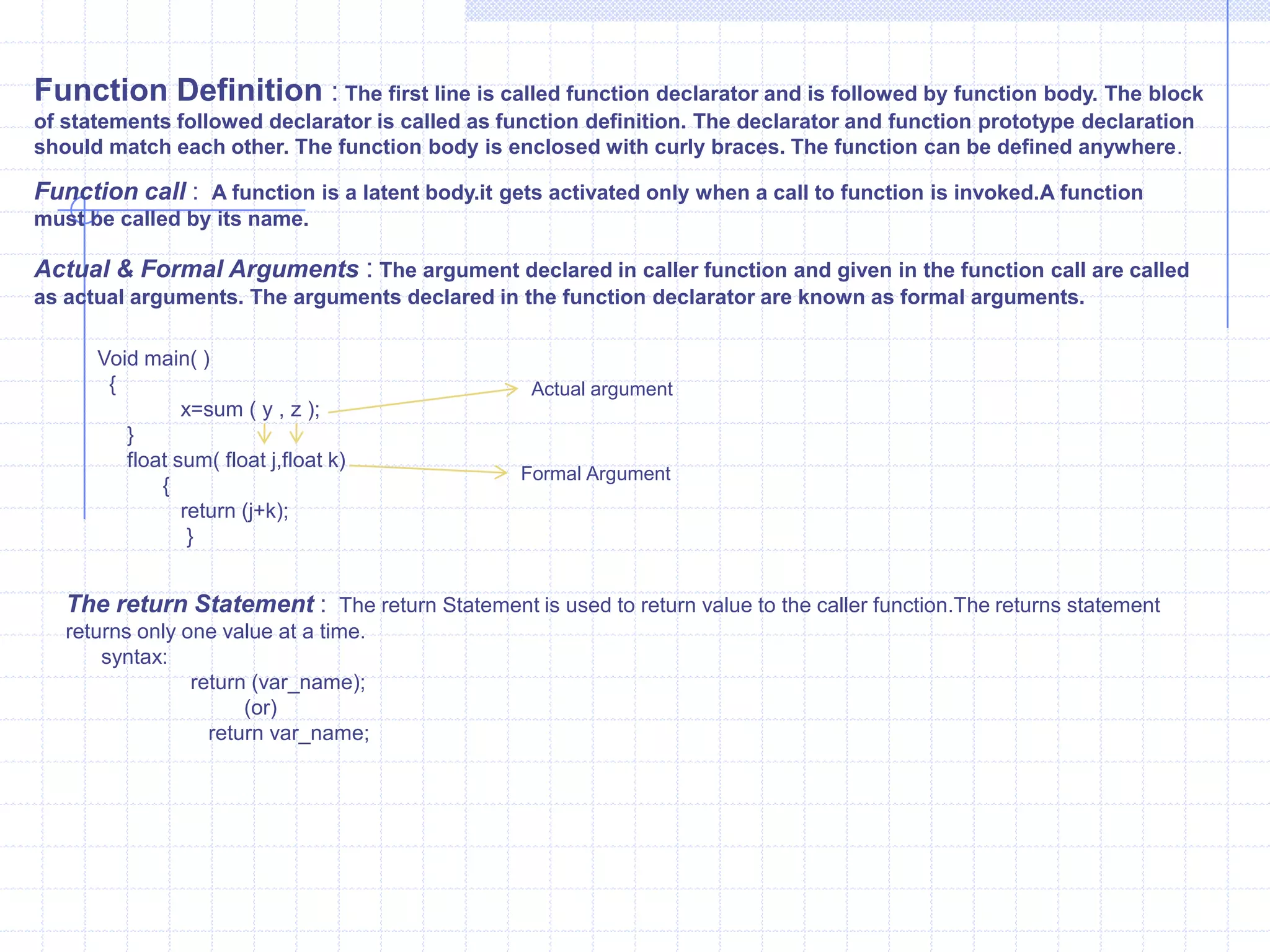 Like C,C++ supports two types of functions. They are (1) Library functions, and (2) User defined functions. The library functions can be used in any program by including respective header files.The header files must be included using # include preprocessor directive. The programmer can also define and use his/her own functions for performing some specific tasks. such functions  are called as user-defined functions. The user-defined functions are those that are defined in a class.They are called as member functions.callerVoid main(){     statement 1;   statement  2;     sum();   statement 3;   statement 4;     sum();    statement 5;    statement 6;    }Sum(){   statement 1;    statement 2;    statement 3;  }This diagram is Program with functions