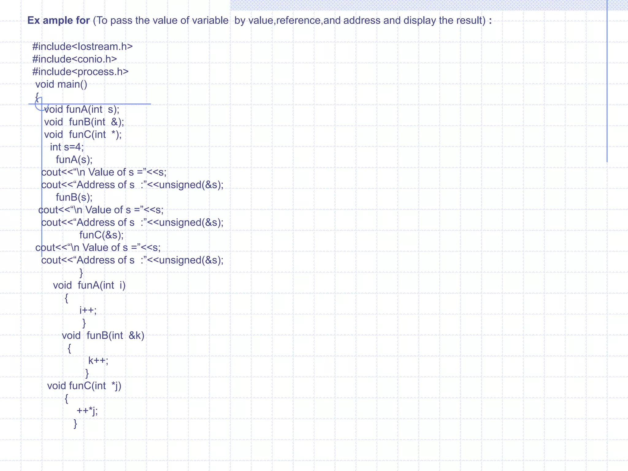 Parts of Function :1) Function prototype declaration.     2) Definition of a function (function declarator)     3) Function call     4) Actual and Formal arguments.     5) The return Statement.Function prototype  :  we use many built-in functions. The prototypes of these functions are given in the respective header files. We include them using # include directive. In C++ while defining user-defined functions., it is unavoidable to declare its prototype. A prototype statement helps the complier to check the return and argument types of the function. A function prototype declaration consists of the function return type ,name,and argument list. I tells the complier (a) the name of the function (b) the type of value returned, and the type and number of arguments.                                when the programmer defines the function, the definition of function must be like its prototype declaration. If the programmer makes amistake,the compiler flags an error message. The function prototype declaration statement is always terminated with semi-colon. Void main( ){   float sum(float,int );     float x,y=9.5;    x=sum(y,z);  }  float sum(float j,int k)      {     return (j+k);}     }}}}Function PrototypeActual ArgumentsFunction callFormal ArgumentsFunction DeclaratorFunction BodyReturn Statement