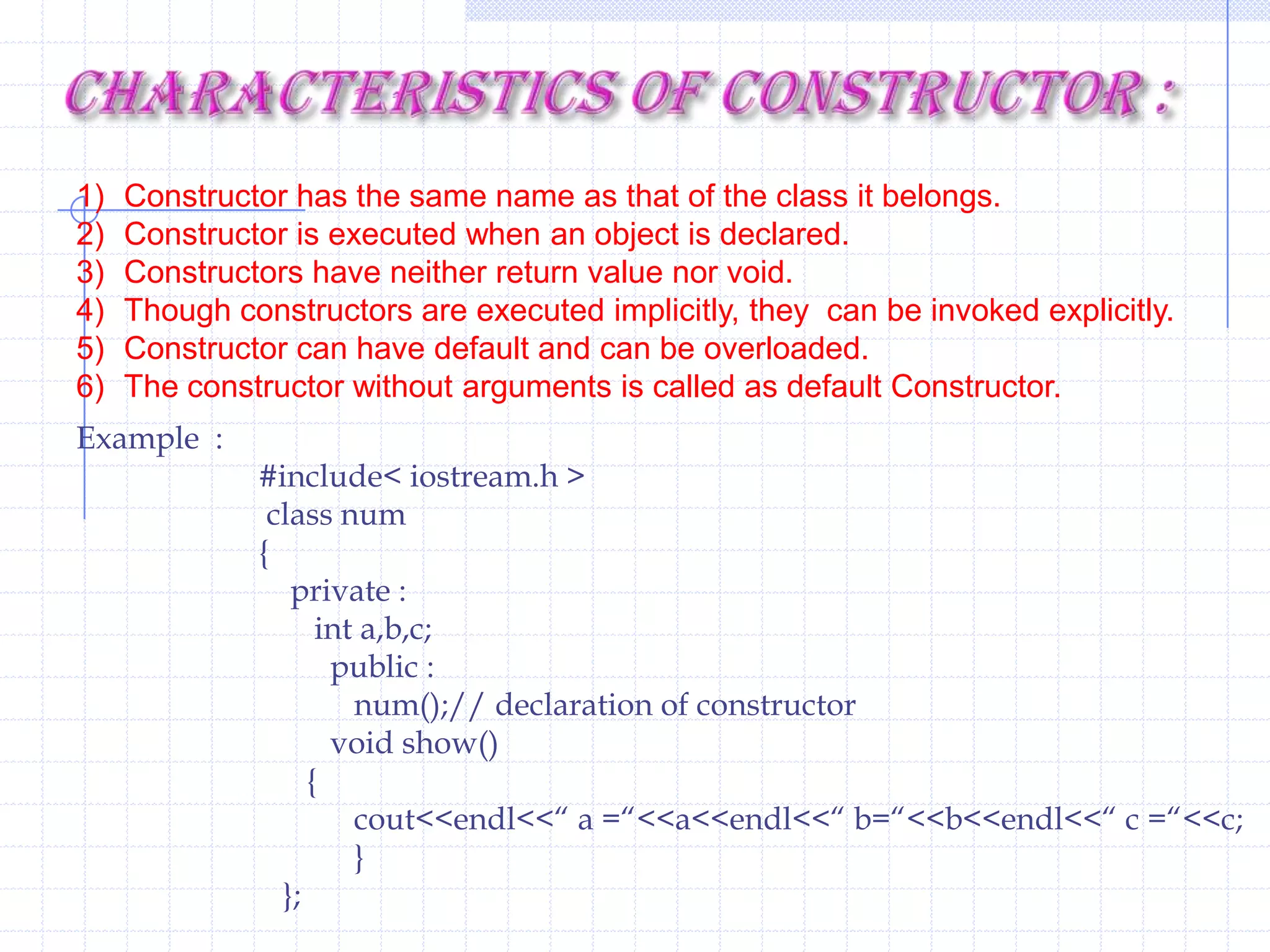Syntax :   Static <variable Declaration >;                Static < Function declaration >;                          if a local variable Is declared with static keyword, it preserves the last value of the variable.A static data item is helpful when all the objects of the class share a common data.The static  data variable is accessible with in the class ,but its value remains in the memory throughout the whole program. Object AObject BVariable 1Variable 1Variable 2Variable 2Variable nVariable nStatic  VariableObject CObject DVariable 1Variable 1Variable 2Variable 2Variable nVariable n