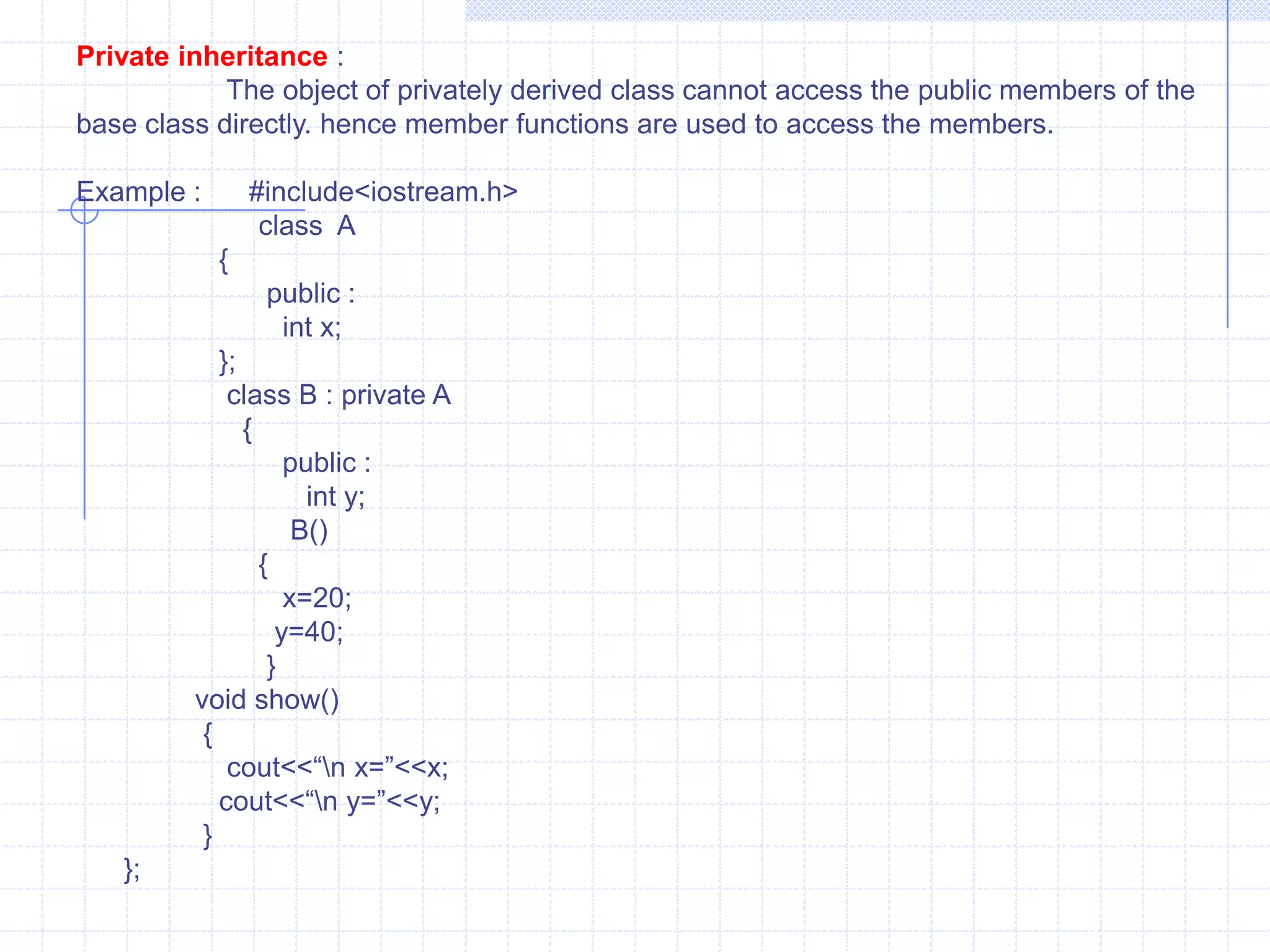 Base ClassMEMBER  BMEMBER  AInheritancesDerived ClassMEMBER  CMEMBER DDefination  :The procedure of creating a new class from one or more existing classes is termed as inheritance.