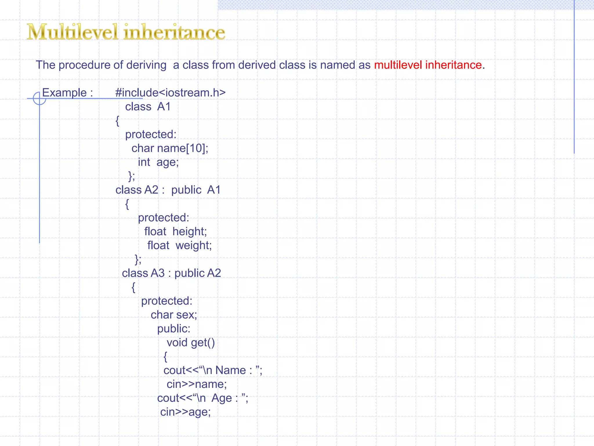 WZYXHybrid Inheritance :                The combination of one or more type of inheritance is known as hybrid inheritance. In this type, two types of inheritance is used i.e.., single and multiple inheritance . Class Y is derived from class X. It is a single type of inheritance .Further the derived class Y acts as a base class. The class W is derived from base classes Y & Z. This type of inheritance  that uses more  than one base class is  known  as multiple inheritance. Thus combination of one or more type of inheritance is called hybrid inheritance.  XYZWMultipath inheritance :when a class is derived from two or more classes that are derived from same base class such type of inheritance is known as multipath inheritance.