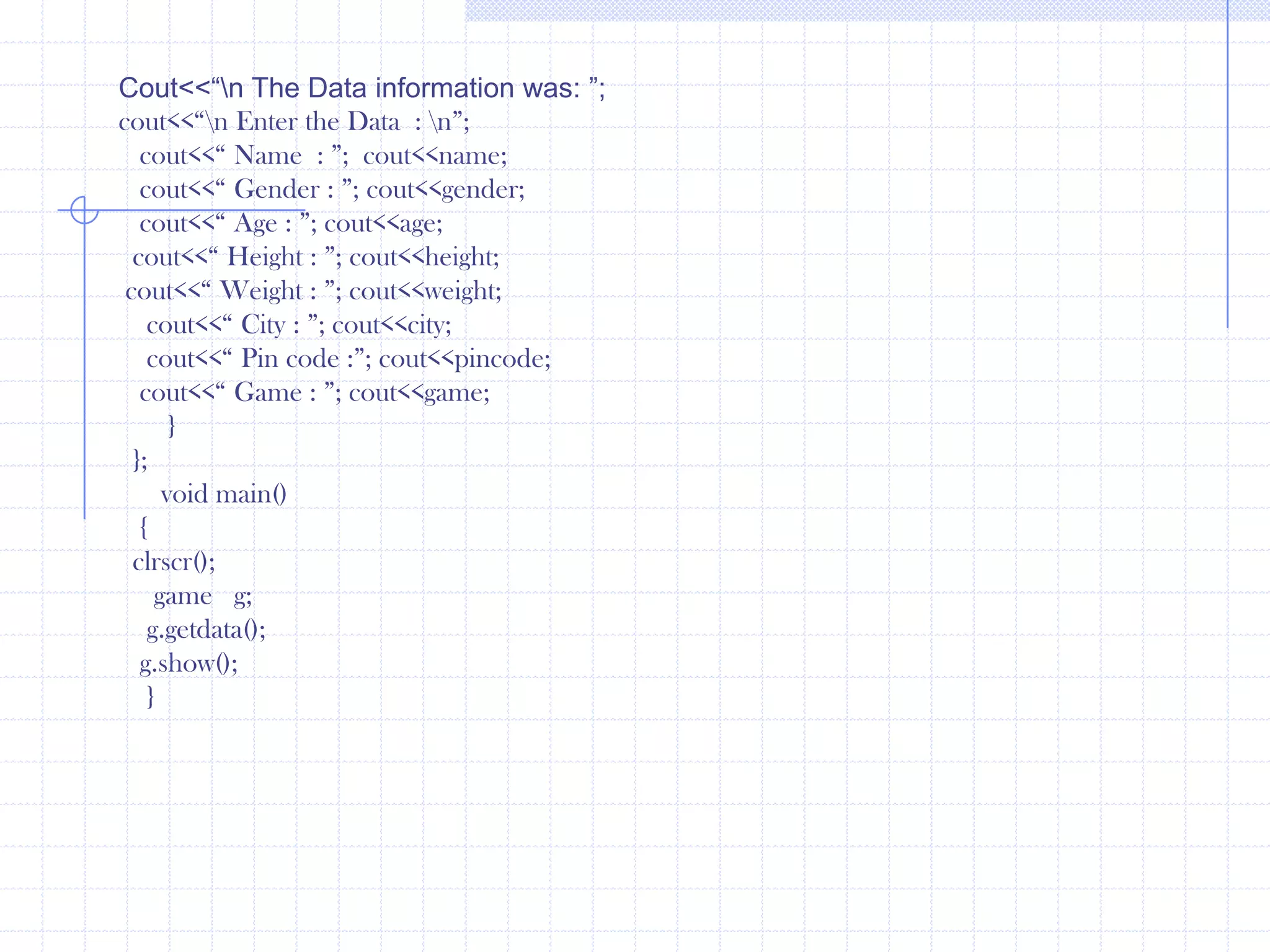 Class reddishbrown : public orange, public violet   {       public:      brown( )        {     cout<<“ ReddishBrown  : ”;         }   };Class yellowbar : public green, public orange   {       public:      brown( )        {     cout<<“ Yellow ishbrown ”;         }   };Class blueishbrown : public violet, public green   {       public:      brown( )        {     cout<<“ Blue-ishbrown : ”;         }   }; void main()  {    reddidshbrown   r;   endl(cout);