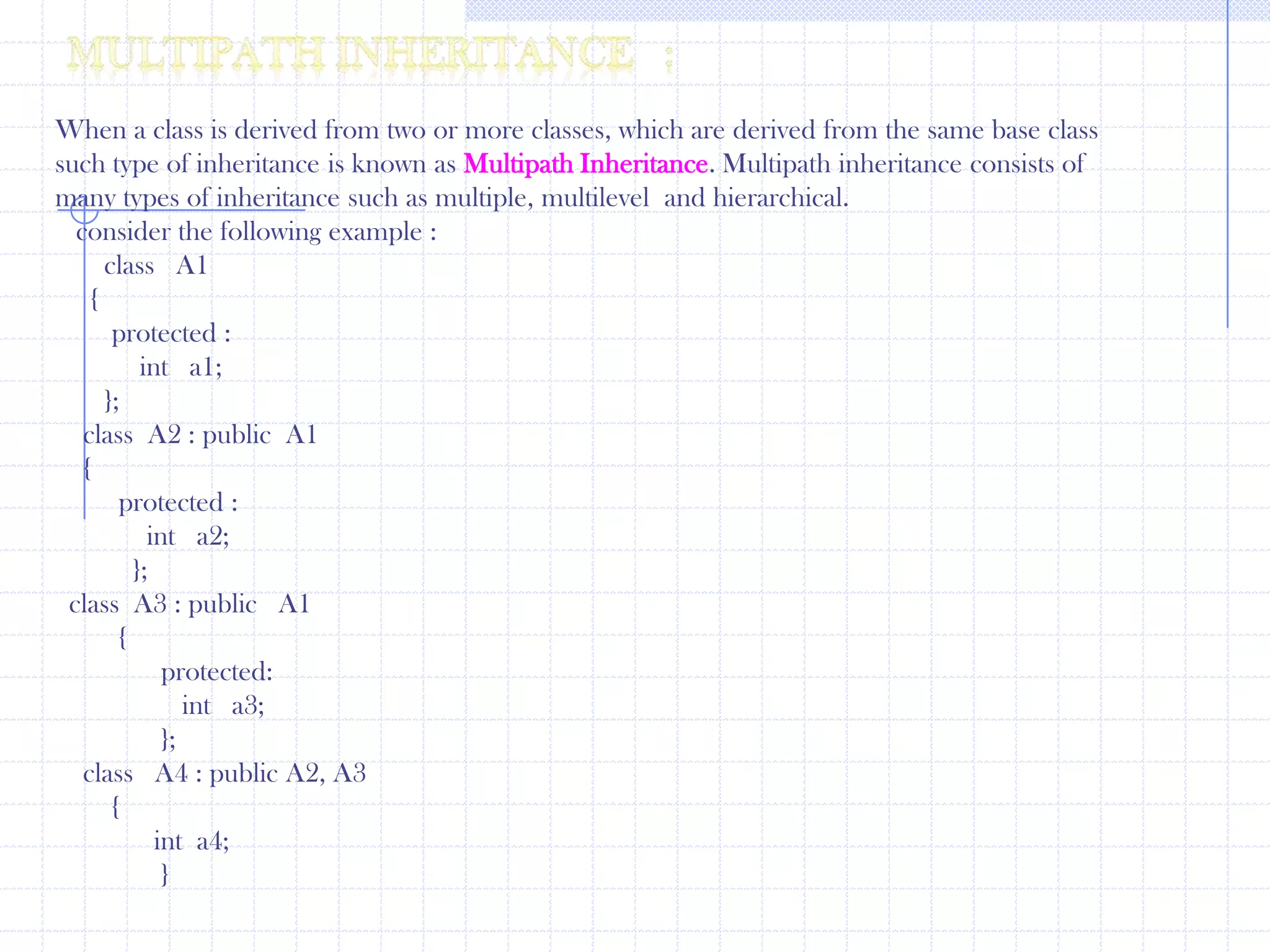 Bluishbrown   b;     endl(cout);      yellowishbrown    y;       endl(cout);    getch( );}Hybrid Inheritance:  The combination of one or more types  of inheritance  is known as hybrid inheritance. Example :     #include<iostream.h>                     class  player                     {                          protected:                           char name[10];                            char gender;                             int age;                         };                     class  physique : public player                        {                        protected:                          float height;                            float  weight;                         };