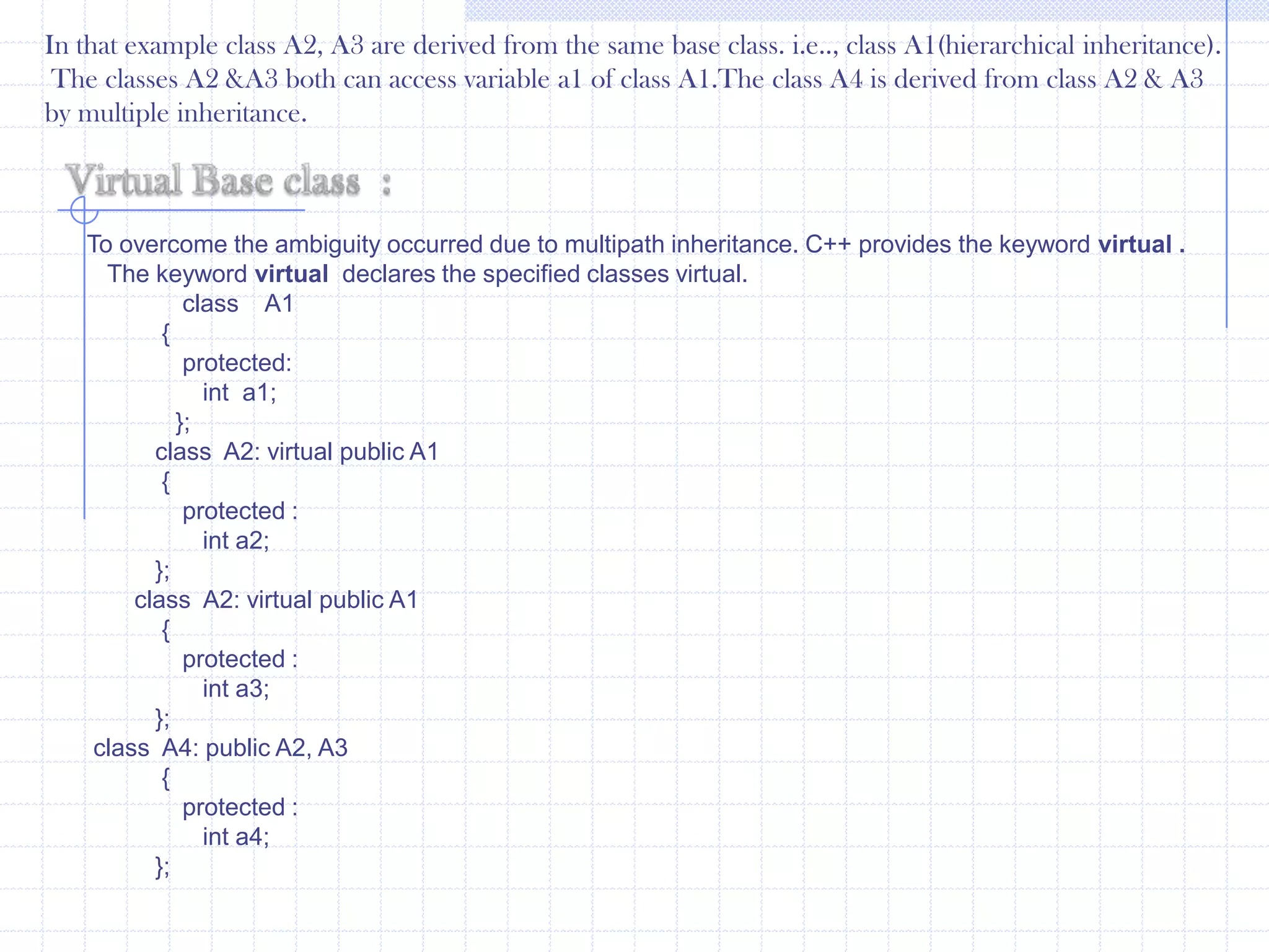 Class  location  {     protected : char city[10];Char pin[7];    };Class game : public physique ,location  {   protected :    char game[15];     public :       void getdata()    {   cout<<“\n Enter the Data  : \n”;    cout<<“ Name  : ”;  cin>>name;   cout<<“ Gender : ”; cin>>gender;   cout<<“ Age : ”; cin>>age;  cout<<“ Height : ”; cin>>height; cout<<“ Weight : ”; cin>>weight;    cout<<“ City : ”; cin>>city;    cout<<“ Pin code :”; cin>>pincode;   cout<<“ Game : ”; cin>>game;       }Void show( )  {