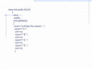Multipath inheritance   : When a class is derived from two or more classes, which are derived from the same base class such type of inheritance is known as Multipath Inheritance. Multipath inheritance consists of many types of inheritance such as multiple, multilevel  and hierarchical.   consider the following example :       class   A1     {        protected :            int   a1;       };    class  A2 : public  A1    {         protected :             int   a2;           };  class  A3 : public   A1         {               protected:                  int   a3;               };    class   A4 : public A2, A3        {              int  a4;               }         
