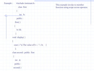 Static (Early) BindingEven though similar function names are used at many places,but during their references their position is indicated explicitly.Their ambiguities are fixed at compiler time.For Example :              class   first    // base class            {                int d;                 public :            void display( )      // base class member function          {             -----------              }       }; class   second : public first    //derived class            {                int k;                 public :      { 