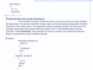 Syntax :              class name of the derived class :  access specifiers - name of the base class                  {                     -----------------------------                     -----------------------------   // member variables of new class(derived class)                      -----------------------------                      }   The derived class name and base class names are separated by colon (:) .The access specifiers  may be private or public . The keyword private ort public is specified followed by colon. Generally, the access specifier is to be specified. In the absence of access specifier  the default is private the access specifiers decide whether the characteristics of the base classes are derived  privately or publicly. The derived class also has it’s own set of member variables and functions.    Syntax :                   class B : public A                    {                     -----   /// members of class B                     -----                        }
