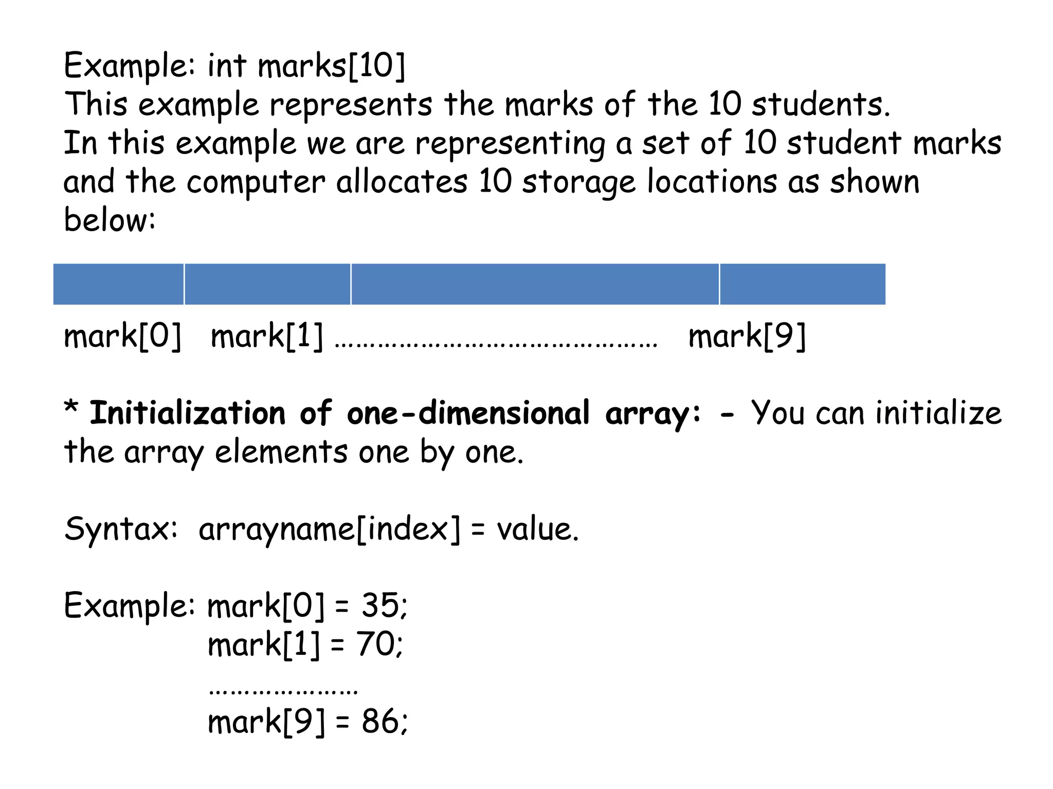 Example: int marks[10] This example represents the marks of the 10 students.In this example we are representing a set of 10 student marks and the computer allocates 10 storage locations as shown below:mark[0]   mark[1] ………………………………………   mark[9]* Initialization of one-dimensional array: - You can initialize the array elements one by one.Syntax:  arrayname[index] = value.Example: mark[0] = 35;	    mark[1] = 70;	    …………………	    mark[9] = 86;
