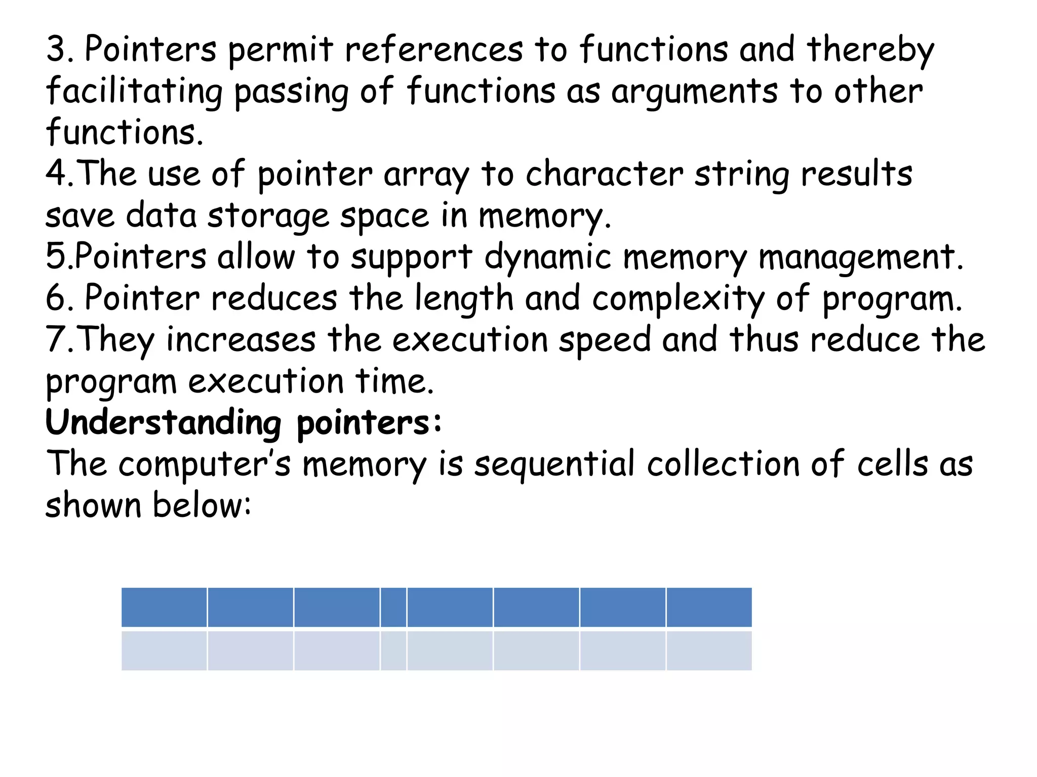 3. Pointers permit references to functions and thereby facilitating passing of functions as arguments to other functions. 4.The use of pointer array to character string results save data storage space in memory.5.Pointers allow to support dynamic memory management.6. Pointer reduces the length and complexity of program.7.They increases the execution speed and thus reduce the program execution time.Understanding pointers:The computer’s memory is sequential collection of cells as shown below: