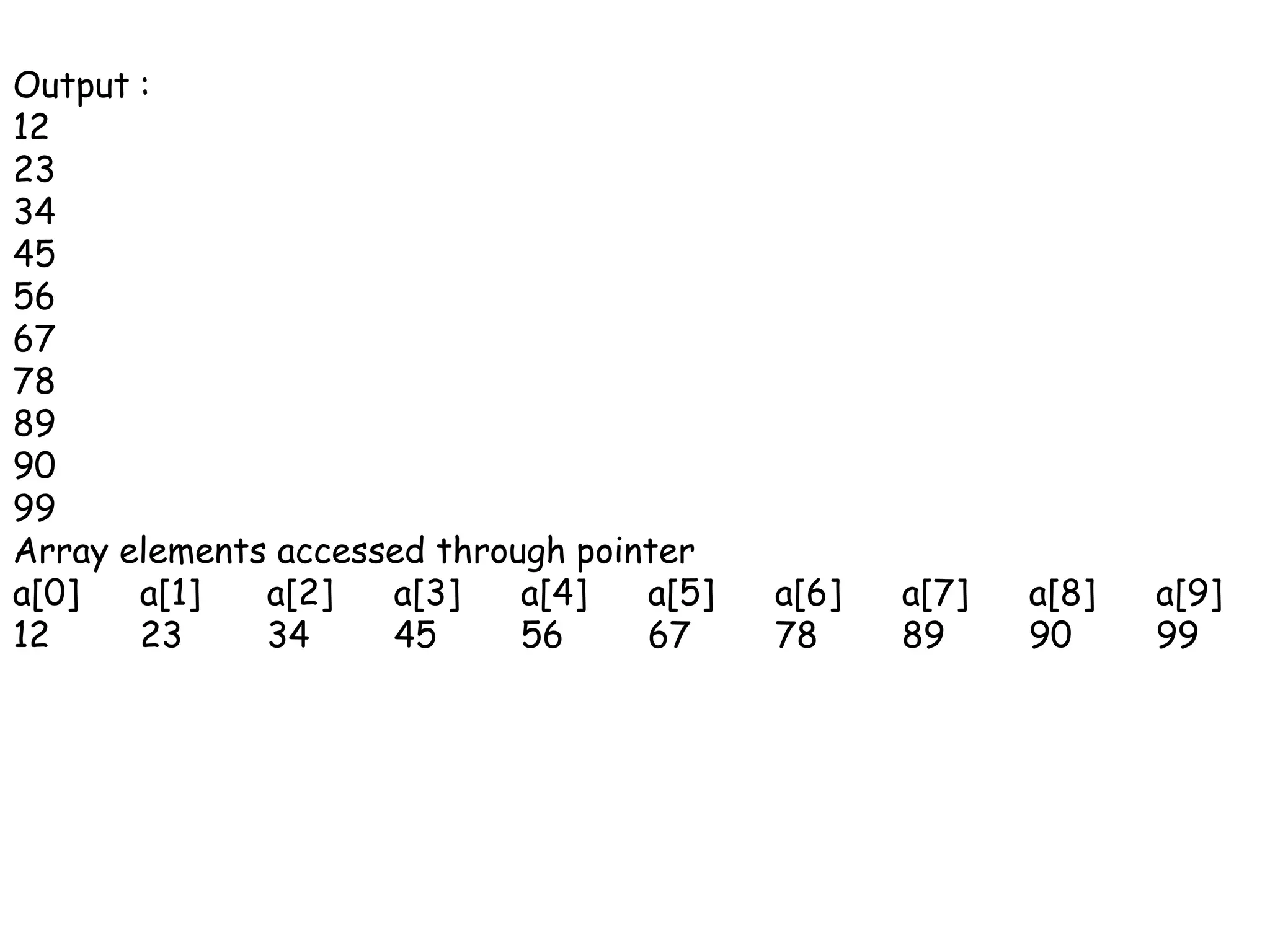 Output : 12233445566778899099Array elements accessed through pointera[0]	a[1]	a[2]	a[3]	a[4]	a[5]	a[6]	a[7]	a[8]	a[9]12	23	34	45	56	67	78	89	90	99