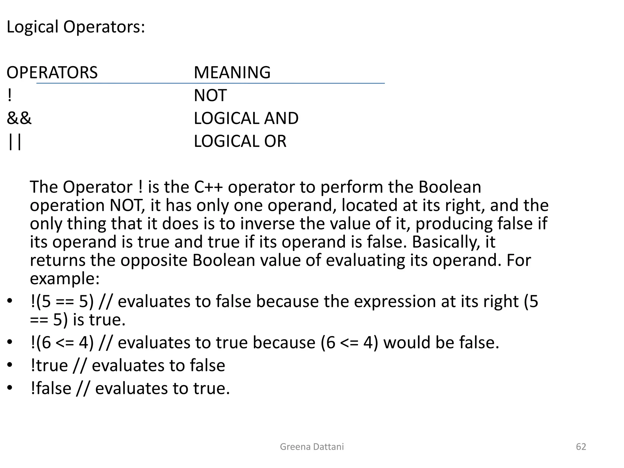 Greena Dattani62Logical Operators:OPERATORS		MEANING!				NOT&&			LOGICAL AND||				LOGICAL OR	The Operator ! is the C++ operator to perform the Boolean operation NOT, it has only one operand, located at its right, and the only thing that it does is to inverse the value of it, producing false if its operand is true and true if its operand is false. Basically, it returns the opposite Boolean value of evaluating its operand. For example:!(5 == 5) // evaluates to false because the expression at its right (5 == 5) is true.!(6 <= 4) // evaluates to true because (6 <= 4) would be false.!true // evaluates to false!false // evaluates to true.