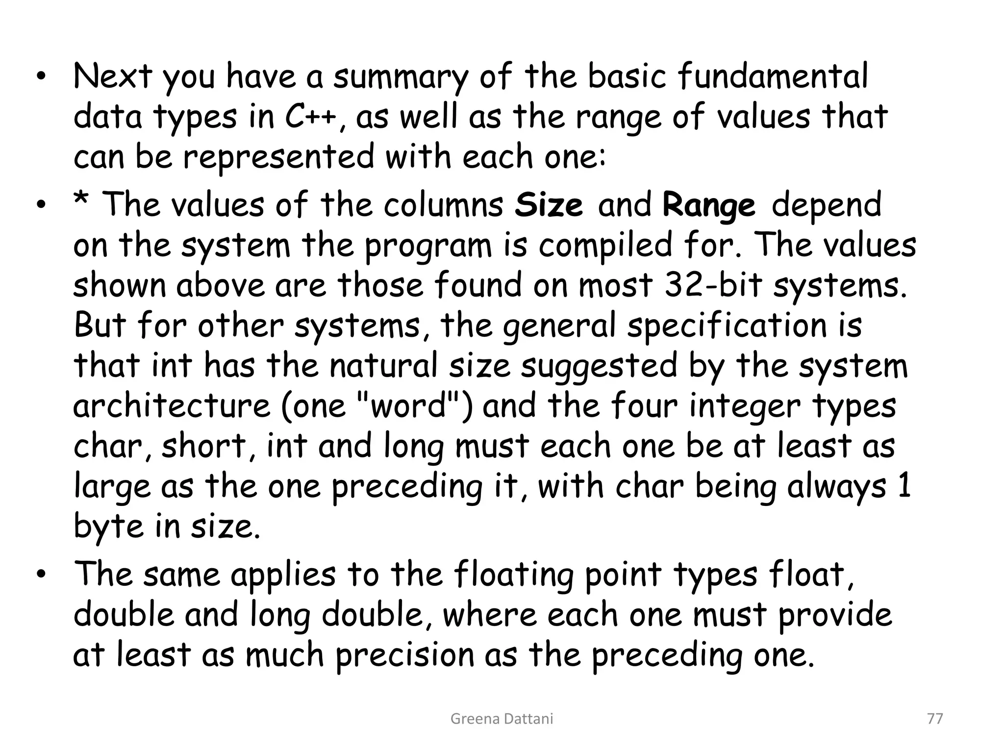 Greena Dattani77Next you have a summary of the basic fundamental data types in C++, as well as the range of values that can be represented with each one:* The values of the columns Size and Range depend on the system the program is compiled for. The values shown above are those found on most 32-bit systems. But for other systems, the general specification is that int has the natural size suggested by the system architecture (one "word") and the four integer types char, short, int and long must each one be at least as large as the one preceding it, with char being always 1 byte in size.The same applies to the floating point types float, double and long double, where each one must provide at least as much precision as the preceding one.