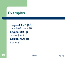 Examples Logical AND (&&)    a > b && x = = 10  Logical OR (||)  a < m || a < n Logical NOT (!) ! (x >= y) 01/08/11 By Jag 