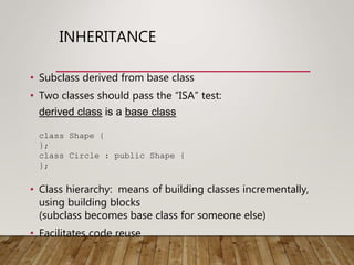 INHERITANCE
• Subclass derived from base class
• Two classes should pass the “ISA” test:
derived class is a base class
class Shape {
};
class Circle : public Shape {
};
• Class hierarchy: means of building classes incrementally,
using building blocks
(subclass becomes base class for someone else)
• Facilitates code reuse
 