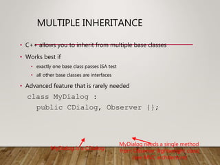 MULTIPLE INHERITANCE
• C++ allows you to inherit from multiple base classes
• Works best if
• exactly one base class passes ISA test
• all other base classes are interfaces
• Advanced feature that is rarely needed
class MyDialog :
public CDialog, Observer {};
MyDialog is a CDialog
MyDialog needs a single method
from Observer (lightweight class)
(see MVC architecture)
 