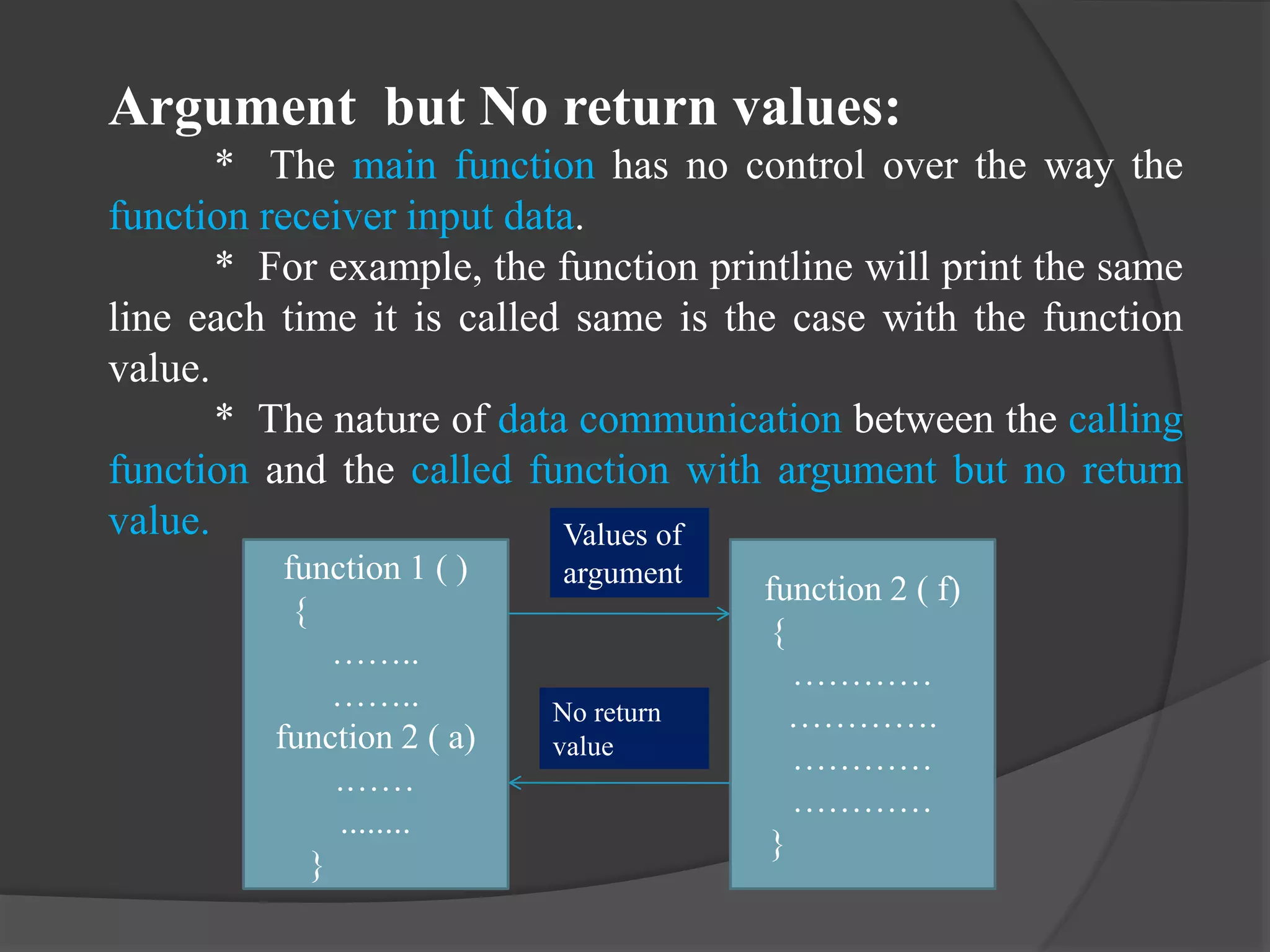 Argument but No return values:
* The main function has no control over the way the
function receiver input data.
* For example, the function printline will print the same
line each time it is called same is the case with the function
value.
* The nature of data communication between the calling
function and the called function with argument but no return
value.
function 1 ( )
{
……..
……..
function 2 ( a)
.……
........
}
function 2 ( f)
{
…………
………….
…………
…………
}
Values of
argument
No return
value
 