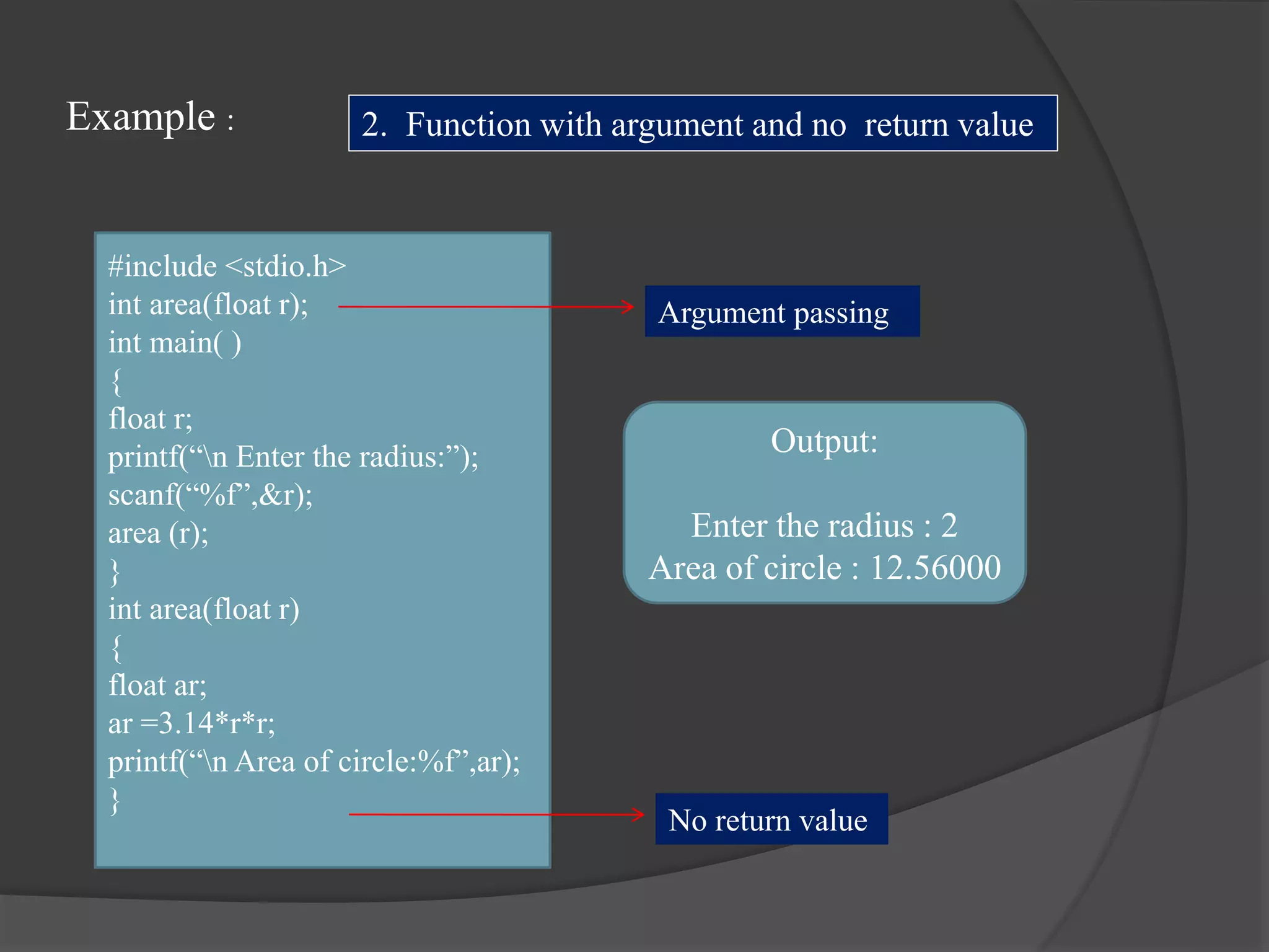 Example :
#include <stdio.h>
int area(float r);
int main( )
{
float r;
printf(“n Enter the radius:”);
scanf(“%f”,&r);
area (r);
}
int area(float r)
{
float ar;
ar =3.14*r*r;
printf(“n Area of circle:%f”,ar);
}
Output:
Enter the radius : 2
Area of circle : 12.56000
2. Function with argument and no return value
Argument passing
No return value
 