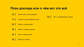План доклада или о чём вот это всё
00 ⎮ Зачем писать свой драйвер?
10 ⎮ Чтение и запись буферов полей
20 ⎮ Работа с записями БД
30 ⎮ Работа с набором данных
40 ⎮ Как это поможет мне?
50 ⎮ Вопросы и ответы
05 ⎮ API с «человеческим» лицом
!3
 