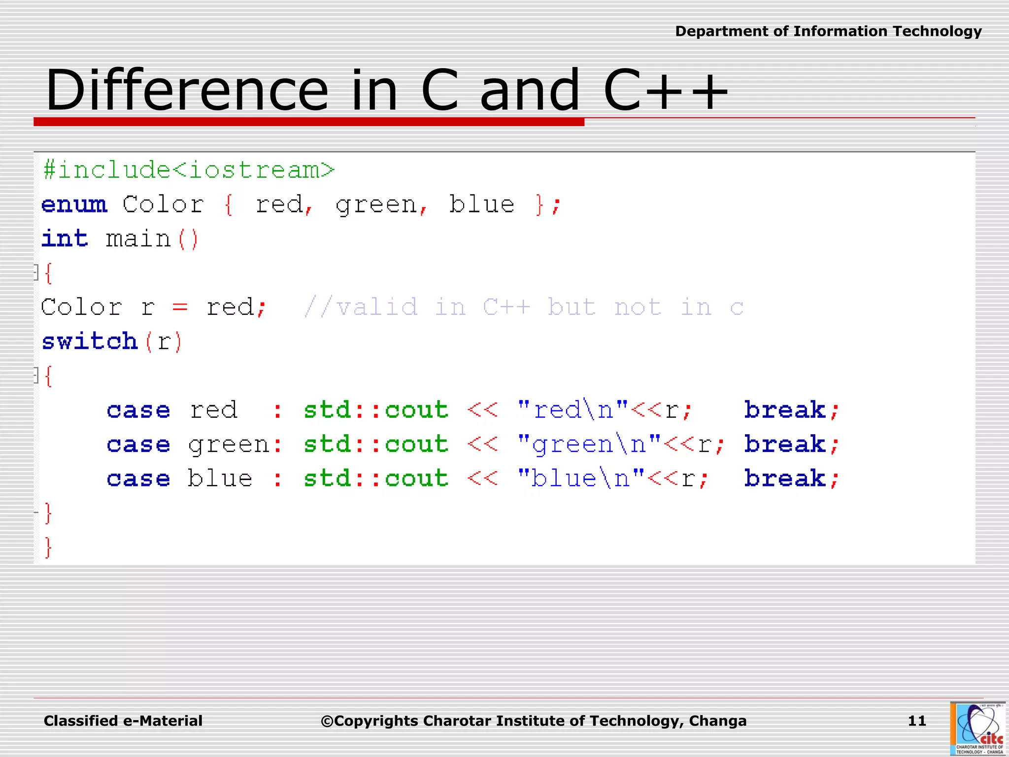 Classified e-Material ©Copyrights Charotar Institute of Technology, Changa 11
Department of Information Technology
Difference in C and C++
 